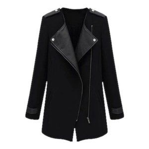 SHEIN Black Contrast PU Leather Trims Oblique Zipper Coat Size Small Moto